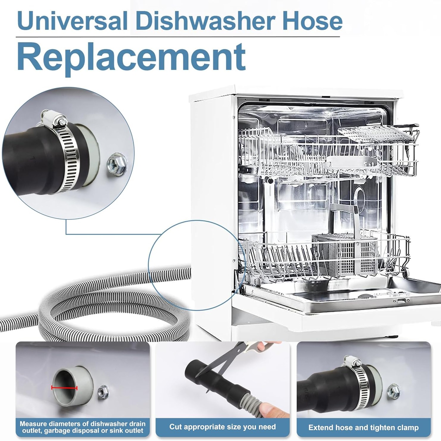 2m Universal Dishwasher Drain Hose Kit with Steel Clamps