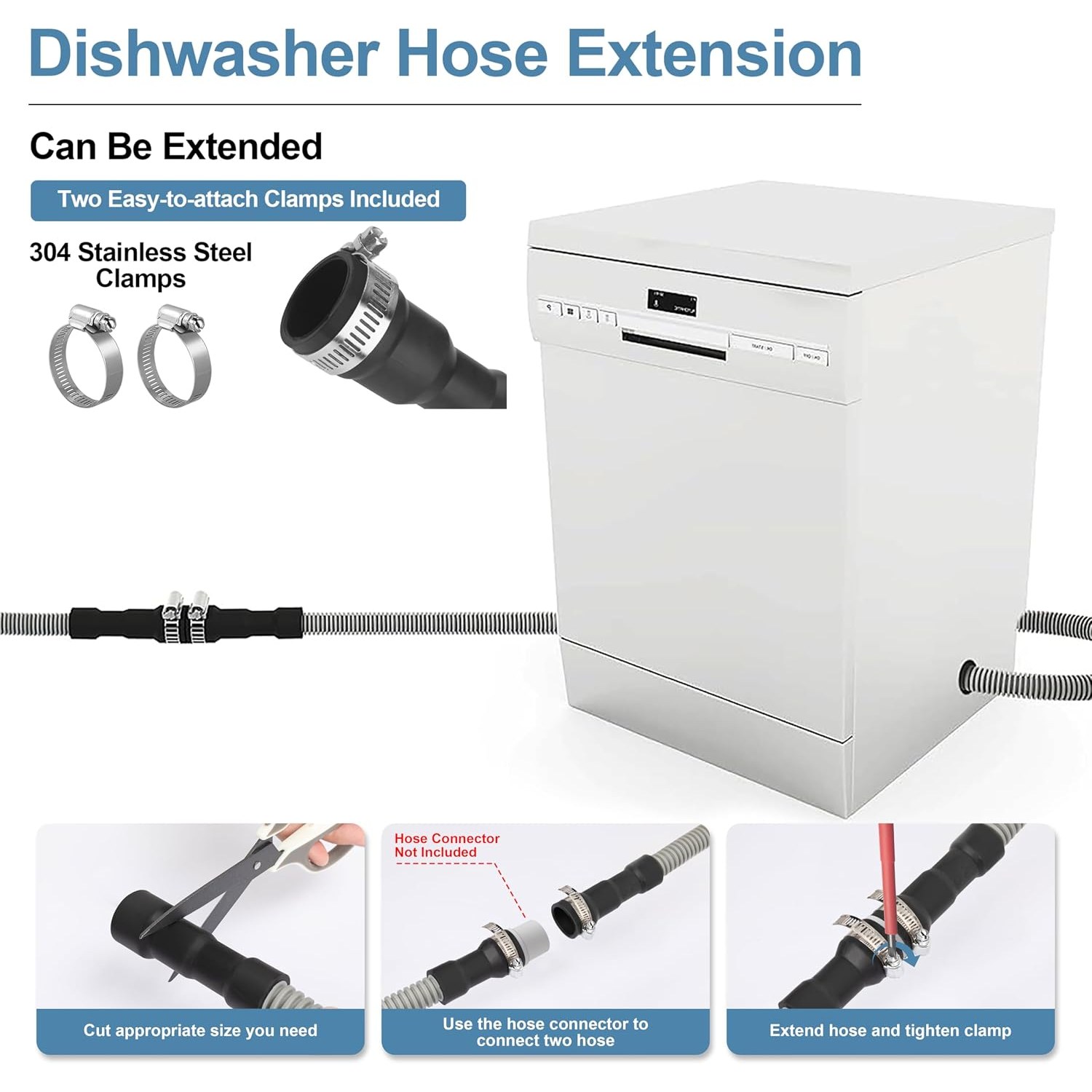 2m Universal Dishwasher Drain Hose Kit with Steel Clamps