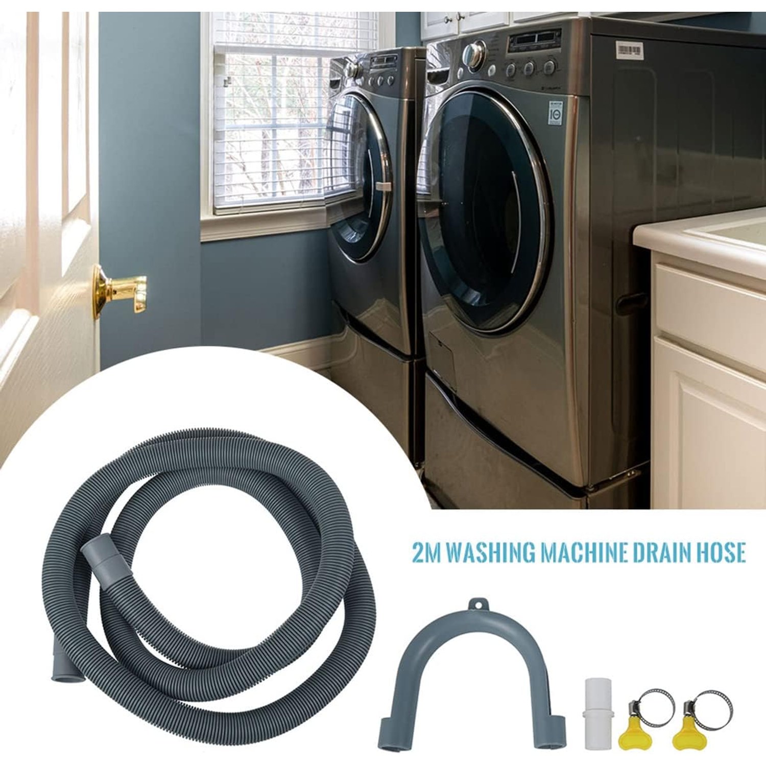 2m Washer Drain Hose Extension Set with Clamps and U-Bend Hanger