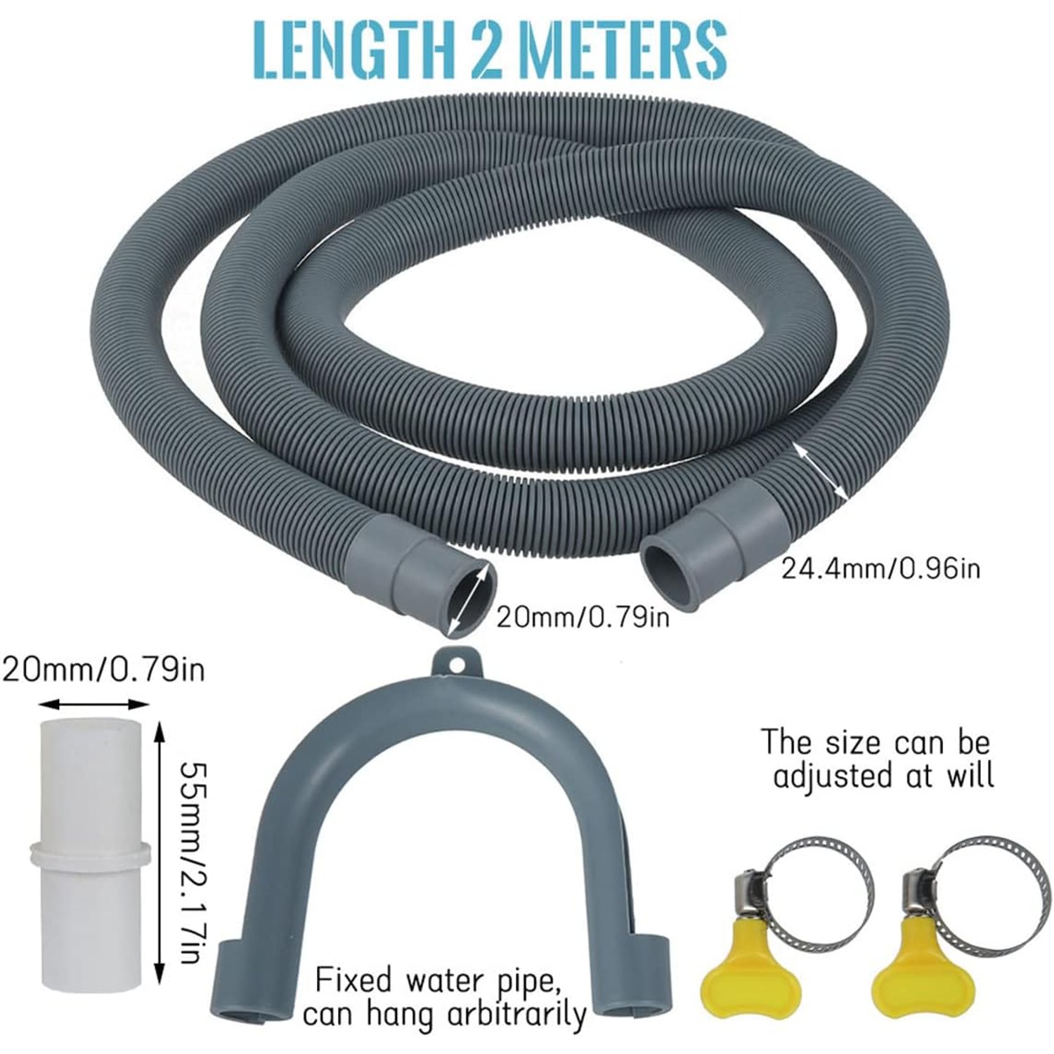 2m Washing Machine Drain Hose Kit with Bracket, Clamps and Connector: image 2