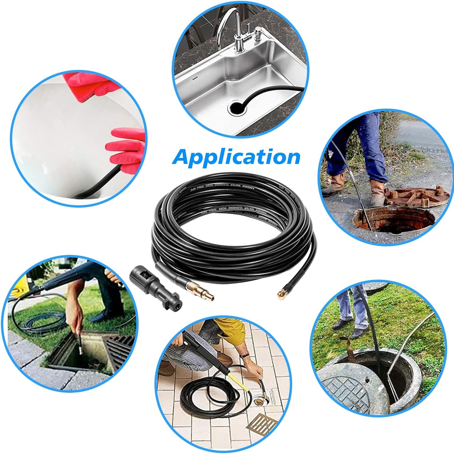 10m Pressure Washer Drain Jetter Hose with Karcher and Lavor Adapters