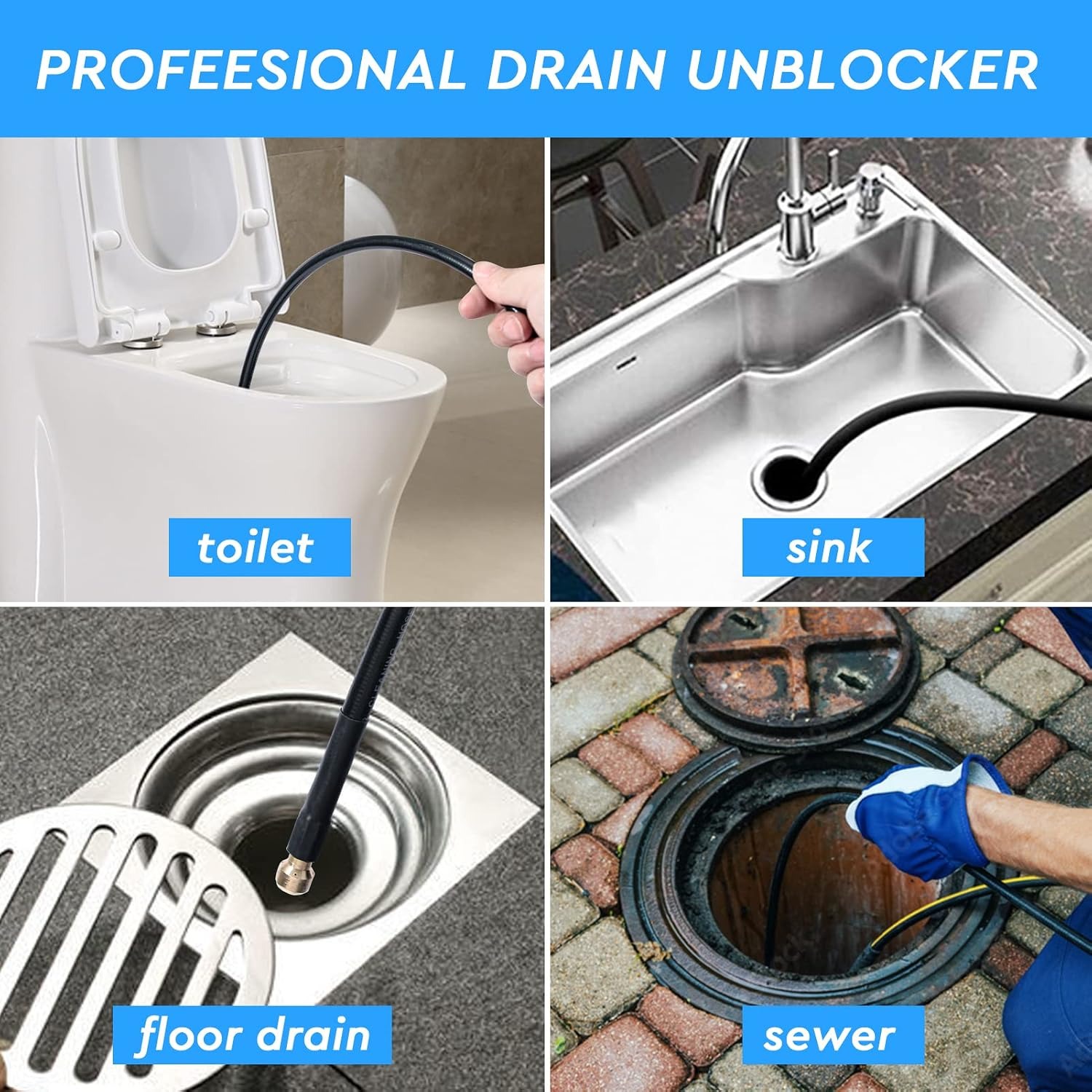 10m Pressure Washer Drain Jetter Hose with Karcher and Lavor Adapters