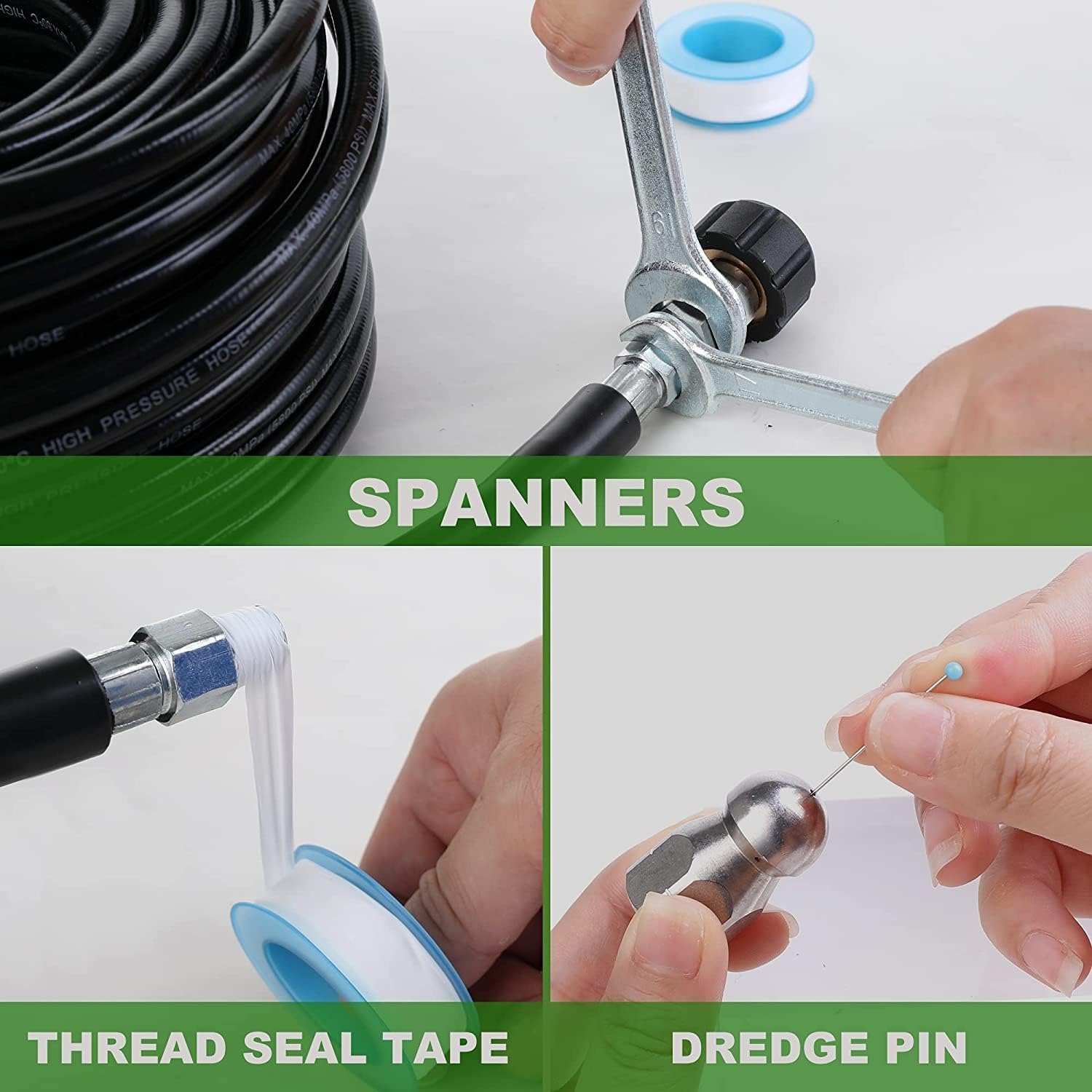 20m Pressure Washer Drain Jetter Hose Kit with Button Nose and Rotating Nozzles