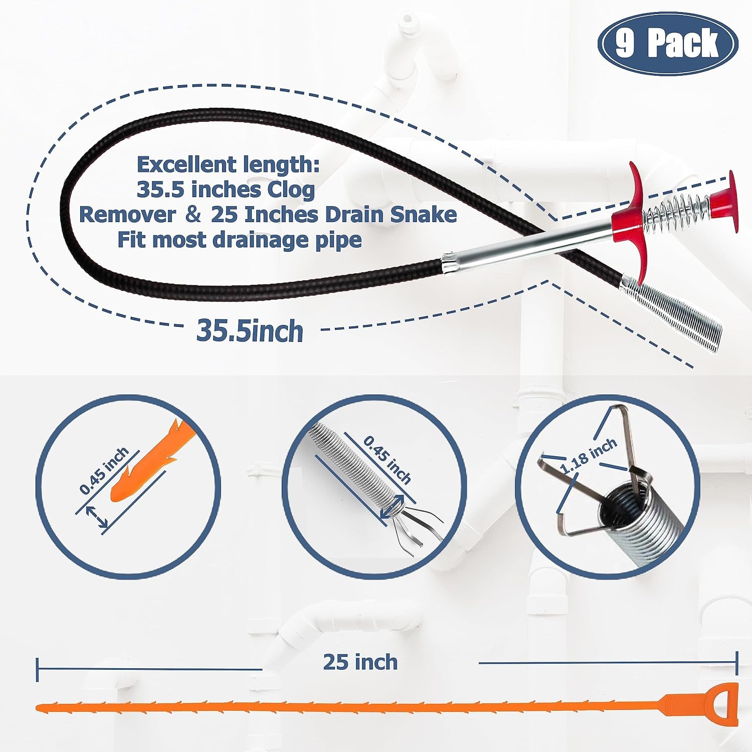 9 Piece Drain Clog Remover and Hair Snake Tool Set: image 2