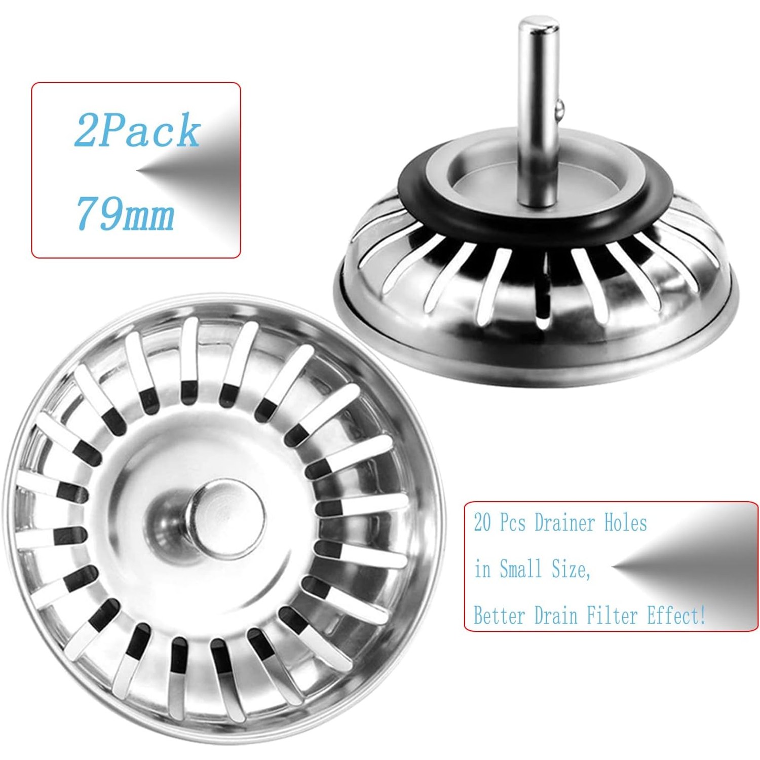 Stainless Steel Kitchen Sink Waste Plug and Strainer Basket, 79mm, 2 Pack: image 7