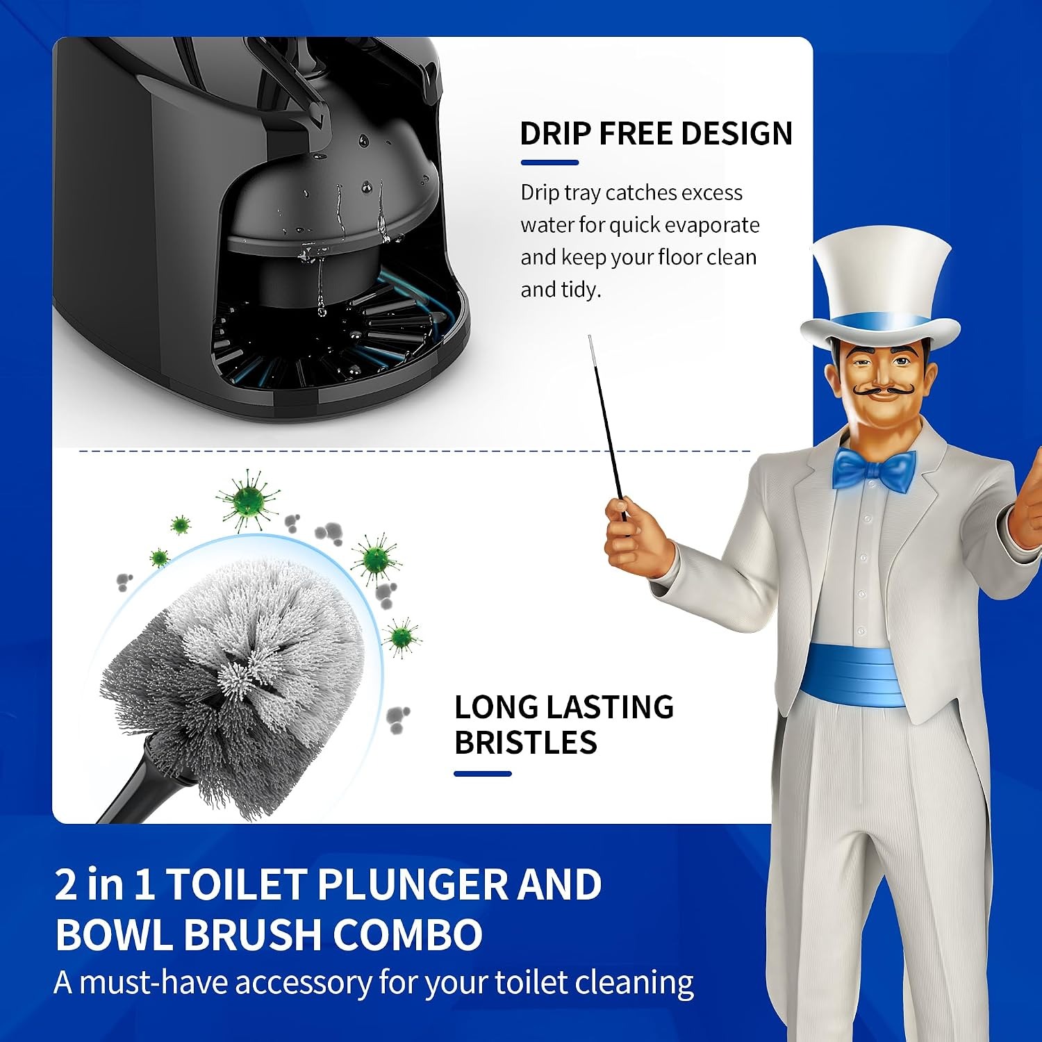 Toilet Plunger and Brush Set with Two-Compartment Holder