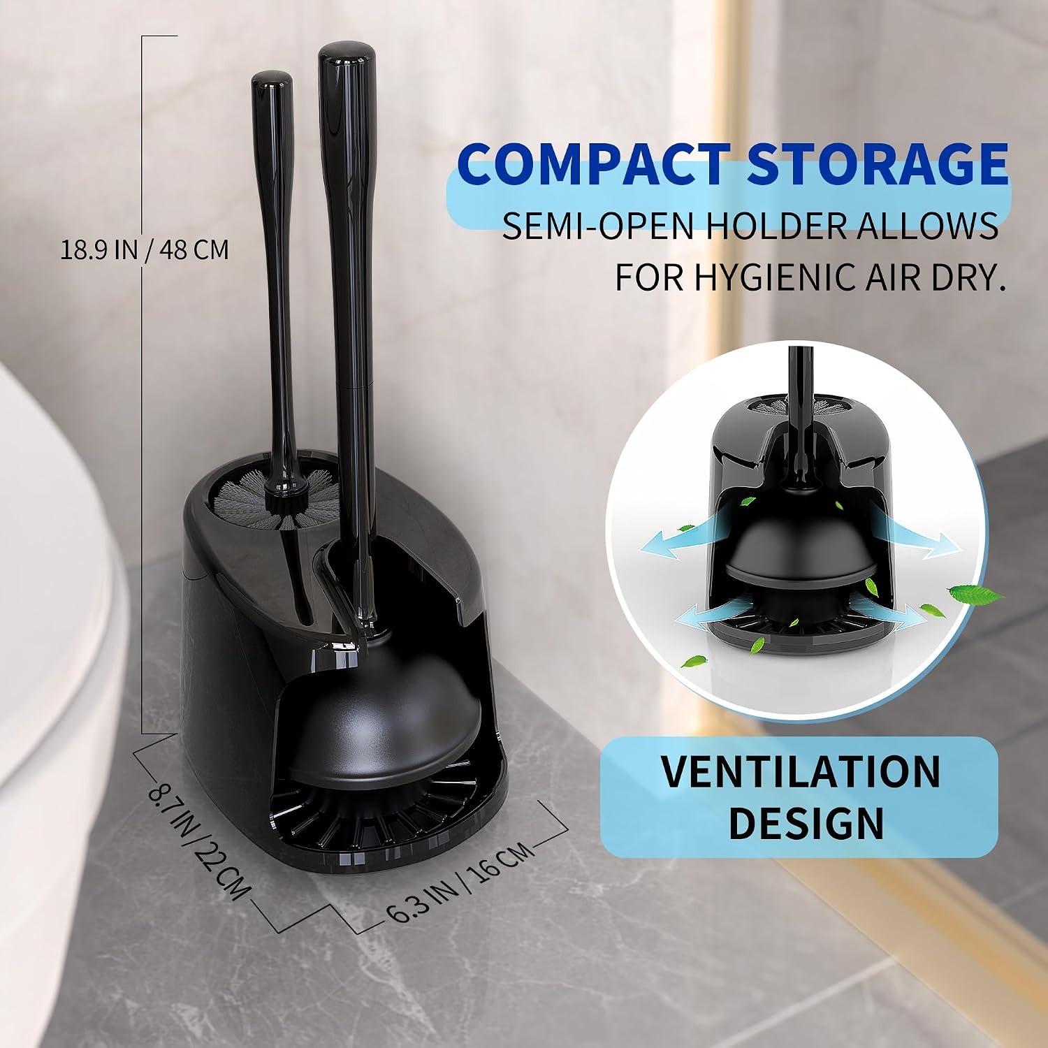 Toilet Plunger and Brush Set with Two-Compartment Holder