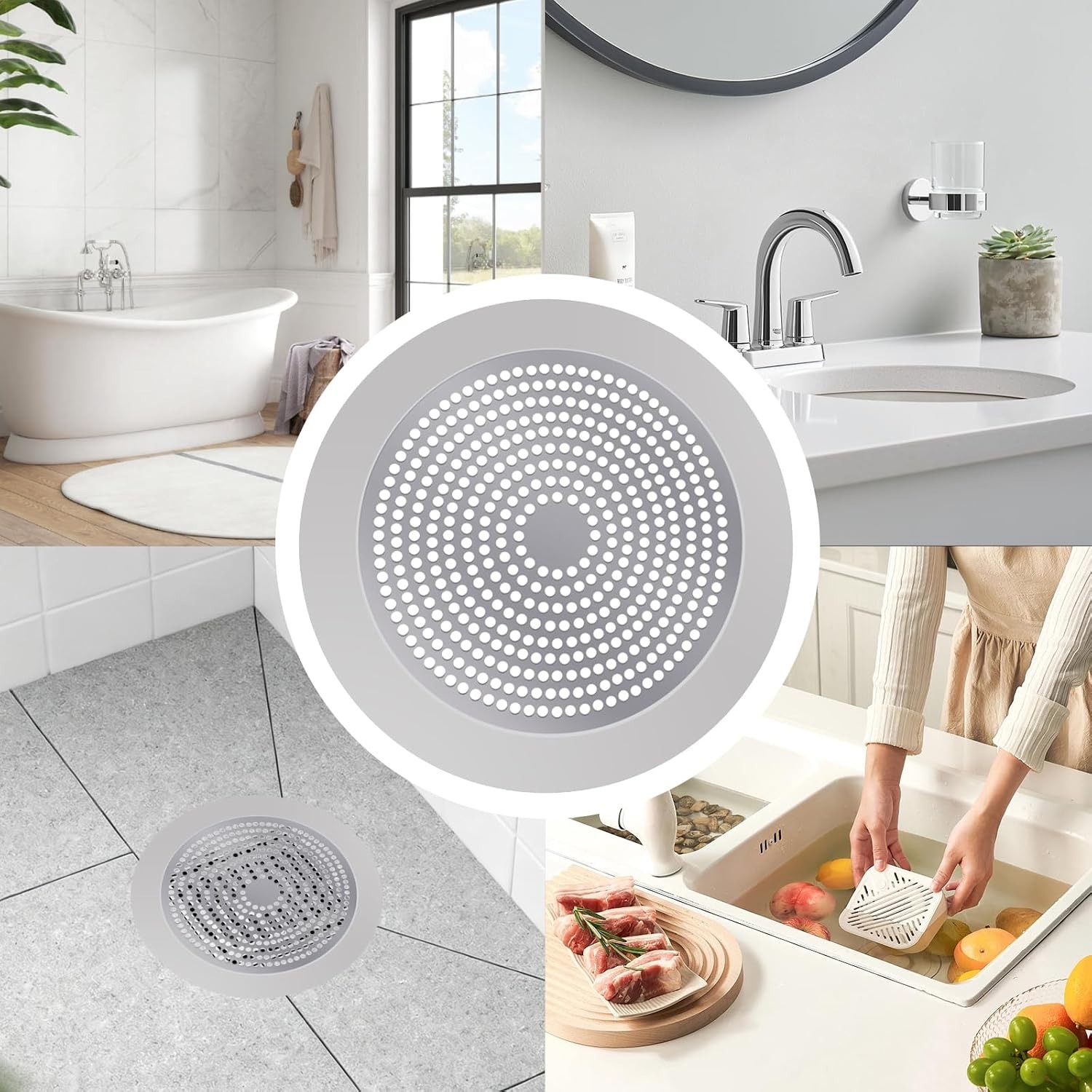 Flat Stainless Steel Shower Hair Catcher with Silicone Rim