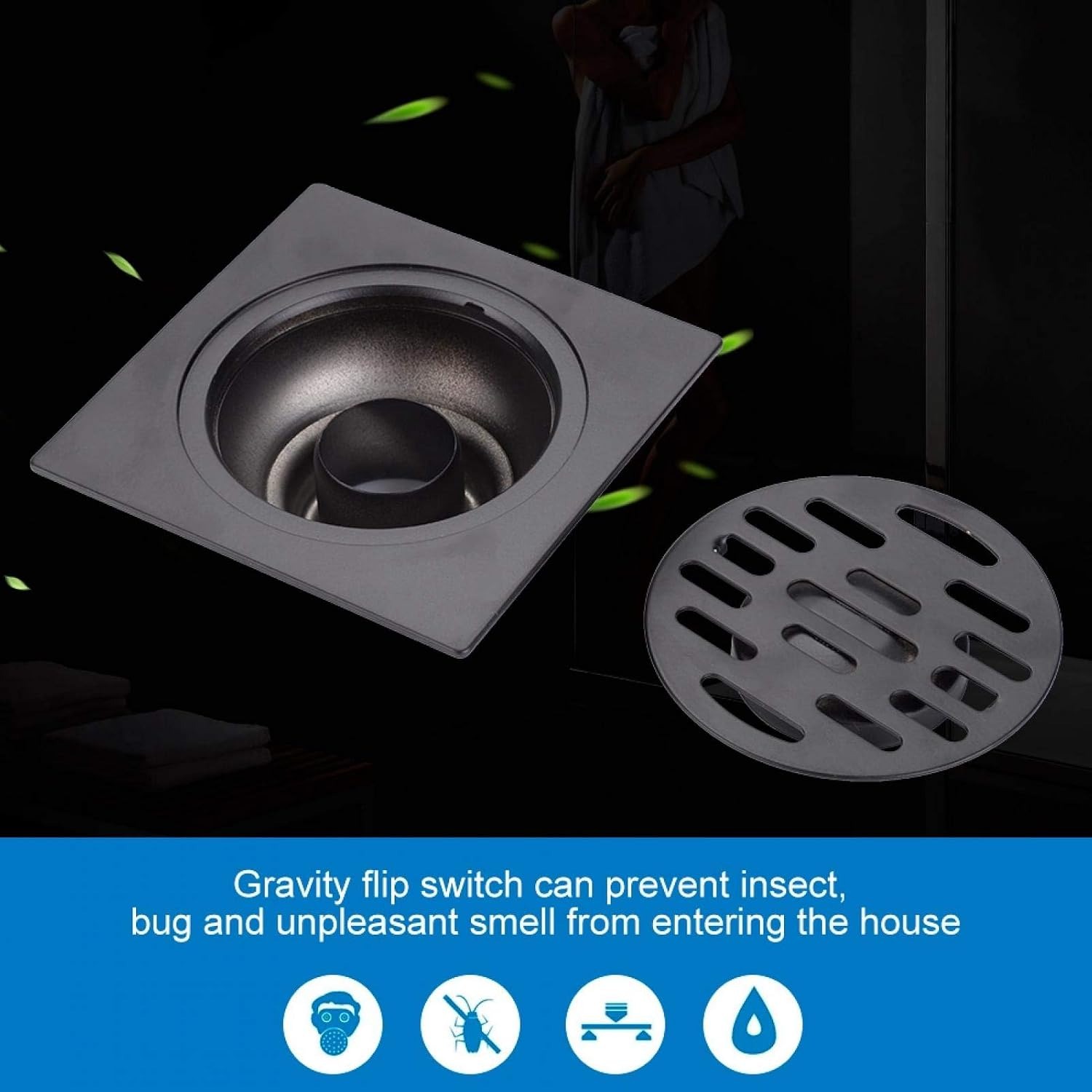 Black Square Floor Drain with Gravity Seal