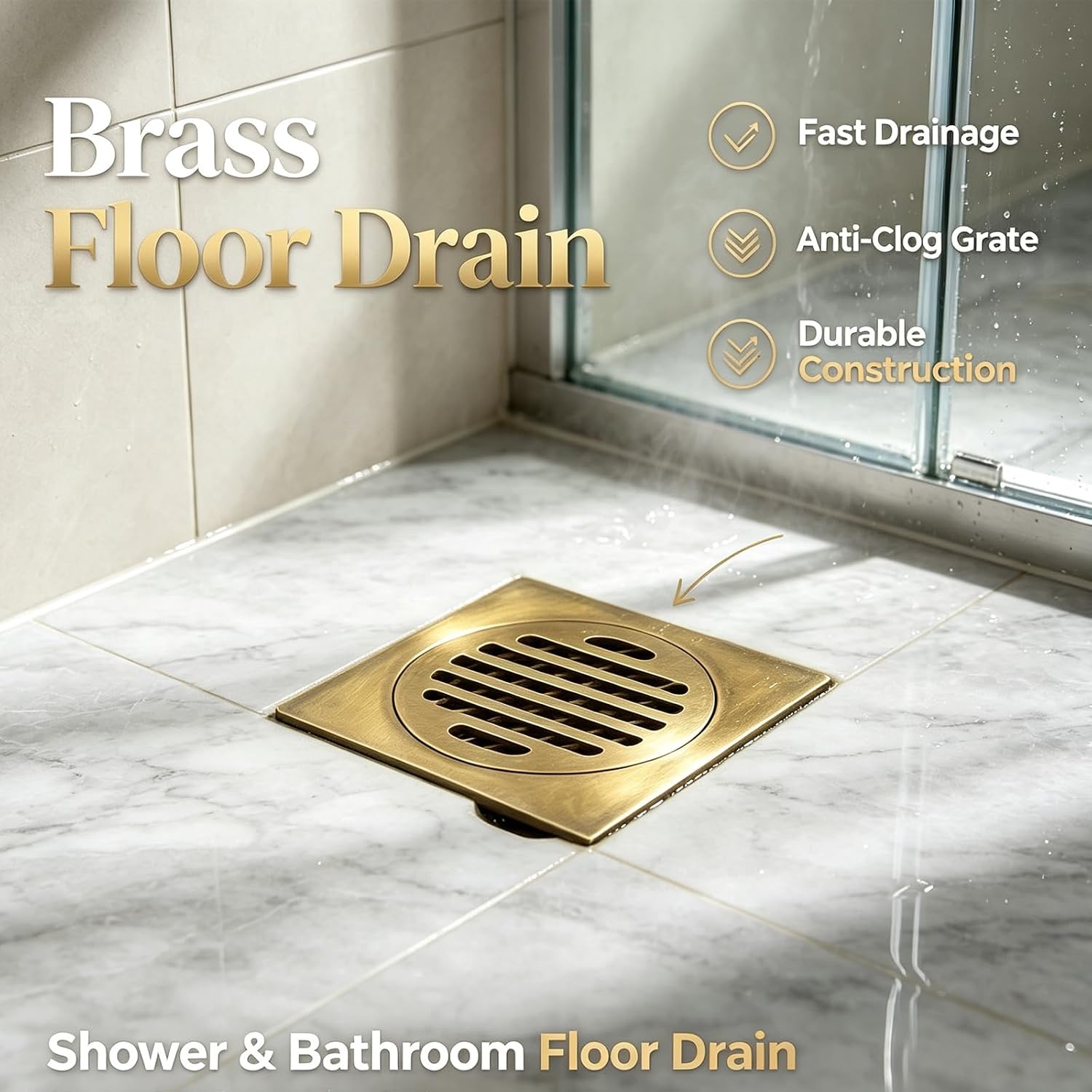 Gold Square Shower Floor Drain with Removable Strainer