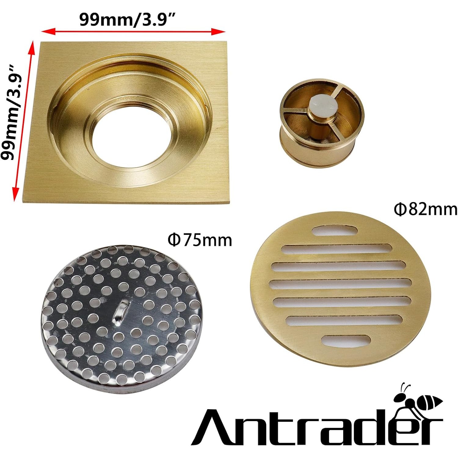 Gold Square Shower Floor Drain with Removable Strainer