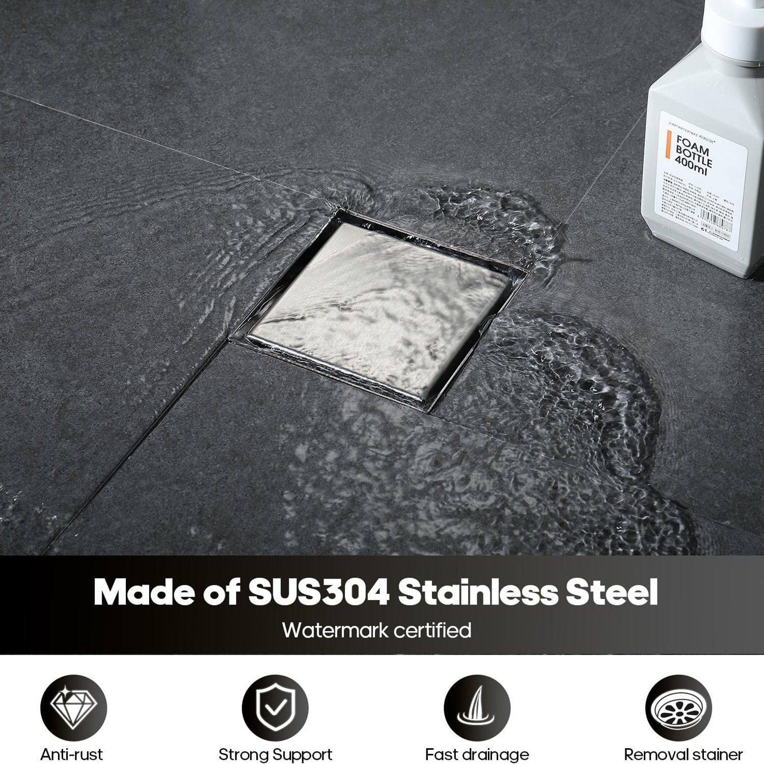 Decaura 115mm Square Shower Grate, Brushed Nickel Stainless Steel Floor Waste: image 2