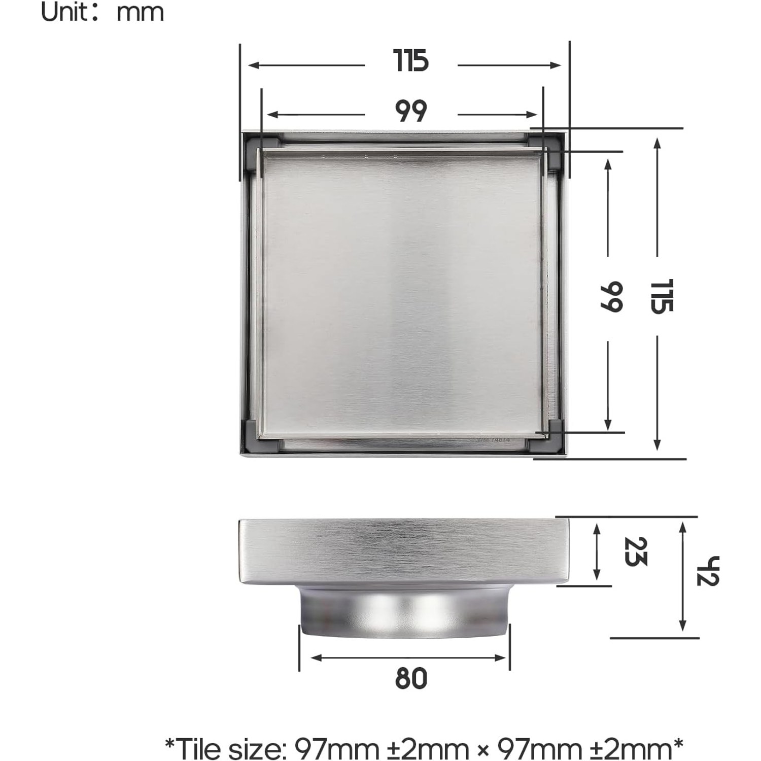Decaura 115mm Square Shower Grate, Brushed Nickel Stainless Steel Floor Waste: image 6